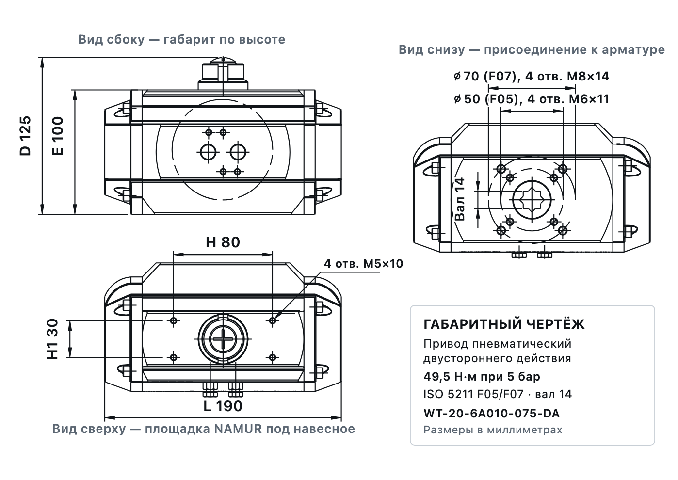 Габаритный чертёж пневмопривода на 49,5 Н·м: длина корпуса 190 мм, болтовые окружности 50 и 70 мм, восьмигранный вал 14 мм, сетка NAMUR 80 на 30 мм